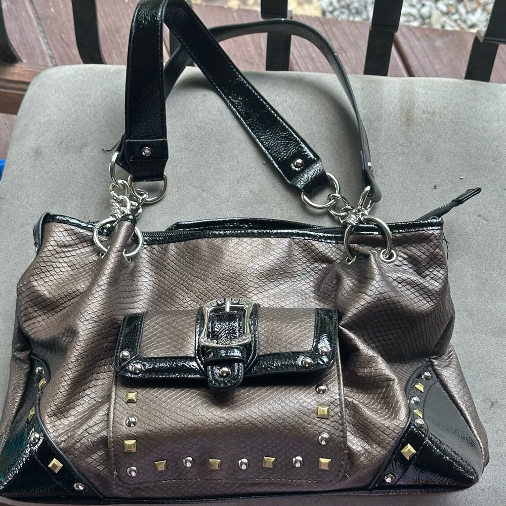 Kathy Van Zeeland Black and Brown Studded Shoulder Bag